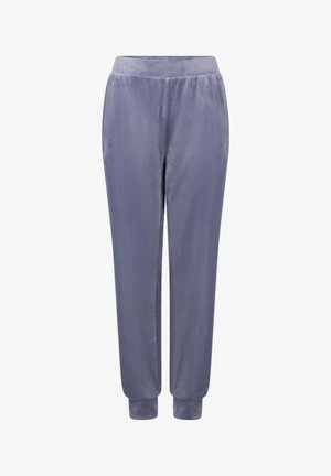 Joggers in satin grigio con una texture liscia, vita elasticizzata e polsini a gamba affusolata, progettati per il comfort e una vestibilità rilassata.