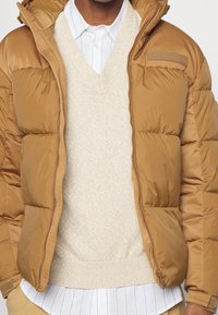 Brown puffer jacket with a smooth sheen, featuring a branded patch. Worn over a cream v-neck sweater and light blue striped shirt.
