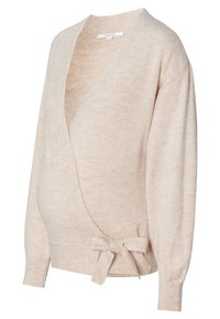 Beżowy sweter o przylegającym kroju, wykonany z miękkiej dzianiny, z głębokim dekoltem w kształcie V, długimi rękawami oraz wiązaniem po bokach w talii.
