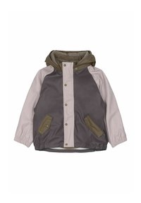 Veste imperméable avec un corps gris, des manches roses et des accents vert olive. Elle est dotée d'une capuche, de poches et d'une fermeture à boutons-pression.