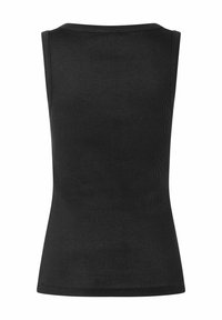 Schwarzes, geripptes Tanktop mit rundem Halsausschnitt, ärmellosem Design und figurbetontem Schnitt. Glatte Textur ohne sichtbare Muster oder Verzierungen.