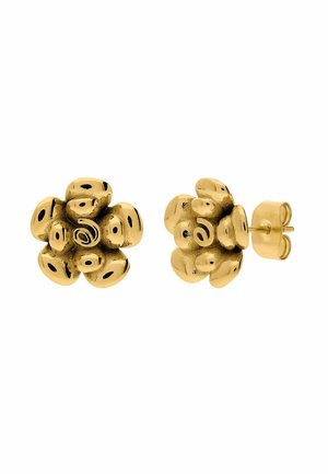 Gouden stekers in de vorm van gebundelde ronde bloemblaadjes die een kleine bloem vormen met vlinderoorstekers.