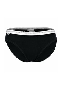 Czarne bawełniane slipki z białym elastycznym paskiem z powtarzającym się brandingiem "LACOSTE" oraz małą metką z logo z przodu.