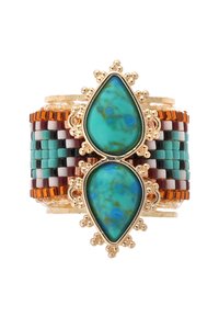 Beaded cuff bracelet featuring turquoise teardrop stones, gold accents, and a woven design with colors including turquoise, maroon, and brown.