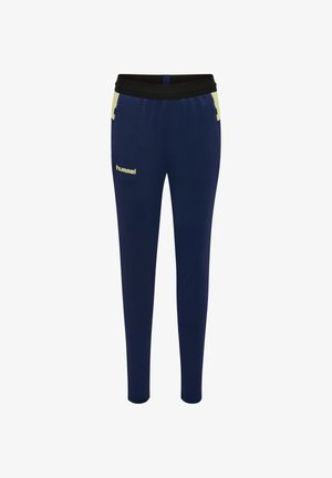 Marineblaue Sporthose mit schwarzem elastischem Bund, mit grünen Akzenten an den Taschen und einem kleinen gelben Logo an der vorderen linken Oberschenkelpartie.