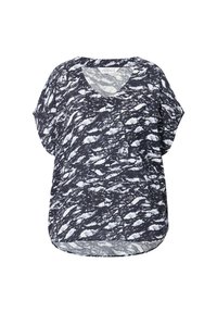 Top corto a maniche corte e vestibilità ampia con scollo a V. Realizzato in tessuto leggero con un motivo astratto blu scuro e bianco. Orlo curvo.