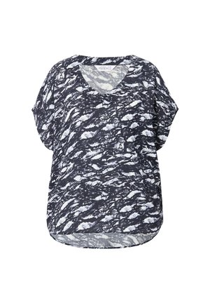 Luźna bluzka z krótkim rękawem z dekoltem w kształcie V. Wykonana z lekkiego materiału w ciemnoniebieski i biały abstrakcyjny wzór. Zaokrąglony dół.