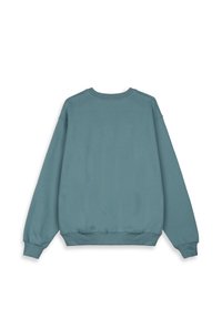 Sudadera de cuello redondo en color turquesa, mezcla de algodón, de mangas largas, con puños y dobladillo acanalados, textura suave, sin patrones ni accesorios visibles.