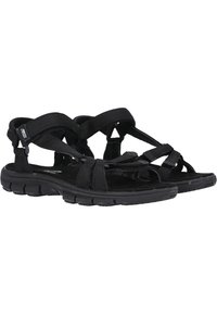 Black sandals with multiple straps, featuring a cushioned sole and ventilation cutouts. Material appears synthetic with a textured finish.