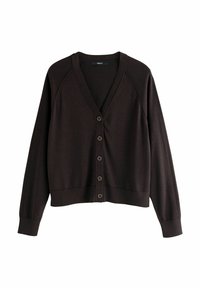 Dunkelbrauner V-Ausschnitt-Cardigan mit langen Ärmeln und fünf Knöpfen auf der Vorderseite, aus weichem Strickstoff gefertigt.