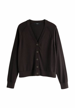 Dark brown V-neck cardigan with long sleeves and five buttons down the front, made of soft knit fabric.