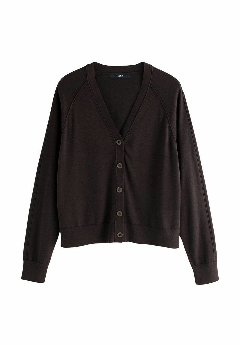 Dunkelbrauner V-Ausschnitt-Cardigan mit langen Ärmeln und fünf Knöpfen auf der Vorderseite, aus weichem Strickstoff gefertigt.