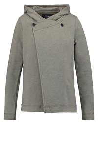 Giacca con cappuccio grigia chiara con patta anteriore asimmetrica fissata da due bottoni neri e maniche lunghe.