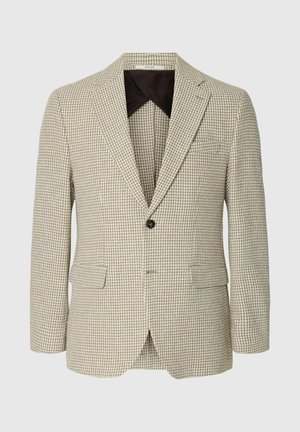 Bézs és barna houndstooth mintás férfi blézer bevágott hajtókákkal, egy fekete gombos záródással és elöl patentos zsebekkel.