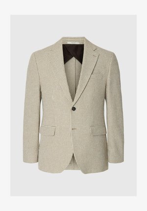 Bézs és barna houndstooth mintás férfi blézer bevágott hajtókákkal, egy fekete gombos záródással és elöl patentos zsebekkel.