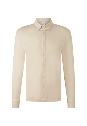 Long-sleeve shirt in beige cotton, featuring a button-down collar, front buttons, and a small logo on the chest. Smooth texture.