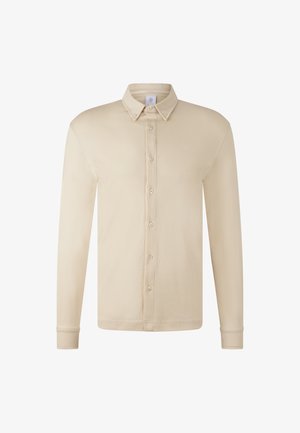 Katoenen overhemd met lange mouwen in beige, met een button-down kraag, knopen aan de voorkant en een klein logo op de borst. Glad structuur.