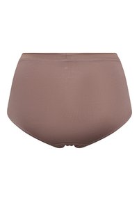 Højtaljede, sømløse kvinders trusser i et blødt, brunt stof med en glat overflade og uden synlige sømme på bagsiden.