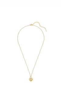 Guldhalsband med en delikat kedja, prytt med ett hjärtformat hänge med ett nyckelhål-design. Justerbar längd med lås.