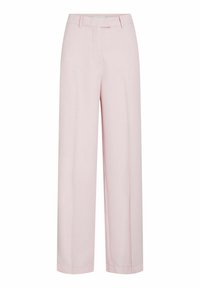 Pantalon taille haute à jambes larges en tissu rose doux à texture lisse, avec des plis à l'avant et une ceinture épurée.