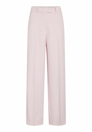 Pantalon taille haute à jambes larges en tissu rose doux à texture lisse, avec des plis à l'avant et une ceinture épurée.