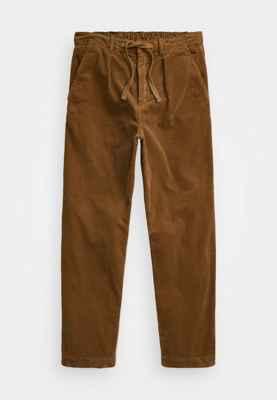 Pantaloni de corduroy maro, cu talie elastică și șnur, buzunare laterale și picioare drepte cu textură ribbată.