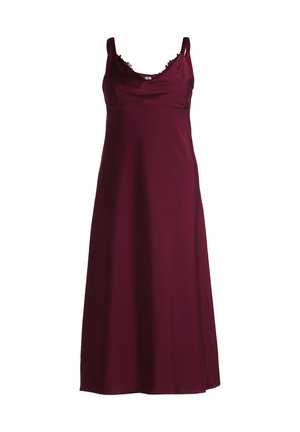 Burgunderfarbendes ärmelloses Kleid mit einem runden Ausschnitt, glatter Satinoberfläche und Spitzenrand entlang des Ausschnitts, das bis zur Knöchellänge fließt.