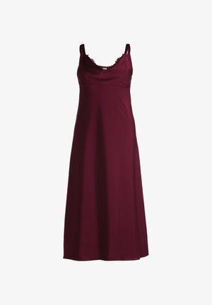 Bordowa sukienka bez rękawów z okrągłym dekoltem, gładką satynową fakturą i koronkowym wykończeniem wzdłuż dekoltu, opadająca do kostek.