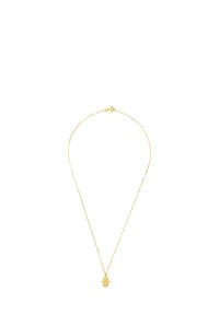 Collana d'oro con una catena fine, dotata di un pendente a forma di mano. Il pendente presenta dettagli intricati, offrendo un aspetto texturizzato.