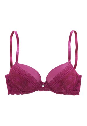 Magenta čipkasti grudnjak s podstavljenim košaricama, prilagodljivim satenskim trakama i dekorativnim detaljem u sredini. Ima obrub s valovima i složeni čipkasti uzorak.