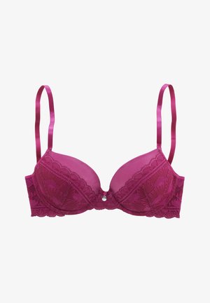 Magenta kanten bh met gewatteerde cups, verstelbare satijnen schouderbanden en een decoratief detail in het midden. Bevat een gegolfde rand en een ingewikkeld kanten patroon.