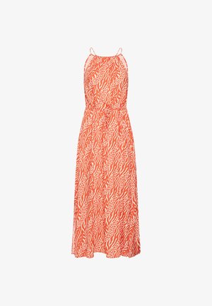 Vestido largo sin mangas en naranja y blanco con tirantes delgados y estampado abstracto de animales, con cintura ajustable mediante cordón.