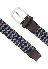 Spleciony pas materiałowy w niebieskim, brązowym i beżowym kolorze; zawiera srebrną metalową klamrę i brązowe skórzane akcenty. Teksturowany splot dodaje wizualnego zainteresowania.