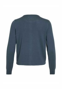 Temno modra dolga majica s kratkimi rokavi in okroglo odstranljivo ovratnico, gladko teksturo in ravno rob, ki prikazuje čiste šive in minimalističen dizajn.