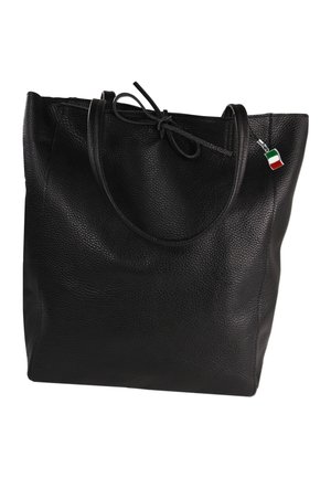 Schwarze, strukturierte Ledertasche mit zwei Griffen, einer Schleifendetail oben und einem kleinen italienischen Flaggenanhänger, der an einem Griff befestigt ist.
