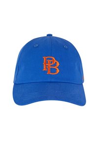 Căciulă de baseball din bumbac albastru, cu un logo brodat portocaliu "PB" pe față. Căciula are șase panouri și o curea ajustabilă la spate.