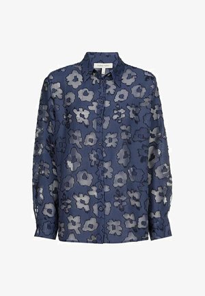 Marineblauwe doorschijnende blouse met bloemenpatroon, lange mouwen, knoopsluiting aan de voorkant en manchetdetails. Gemaakt van lichtgewicht stof.