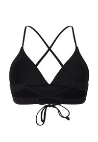 Zwarte driehoekbikinitop met gekruiste bandjes en striksluiting aan de achterkant, gemaakt van gladde stof.