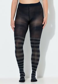 Collant neri con strisce orizzontali grigie all'altezza delle cosce. Materiale trasparente con una texture liscia. Vita alta per comfort e vestibilità.