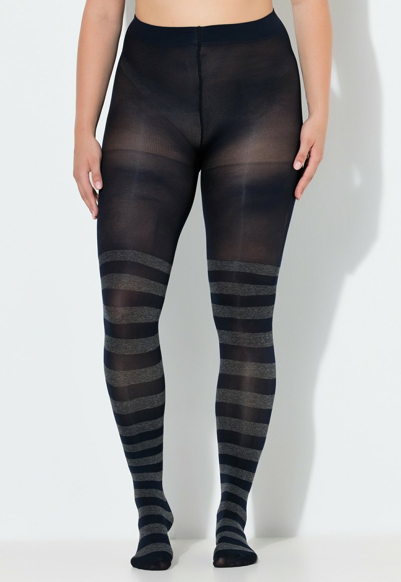 Collant neri con strisce orizzontali grigie all'altezza delle cosce. Materiale trasparente con una texture liscia. Vita alta per comfort e vestibilità.