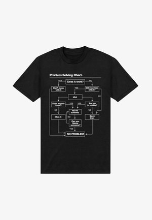 Black short-sleeve t-shirt featuring a white flowchart design labeled “Problem Solving Chart” with structured decision points and arrows.