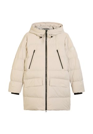 Beige donsjack met een capuchon, voorzien van doorgestikte secties, twee borstzakken met rits en grote voorzakken met een zwarte ritssluiting.