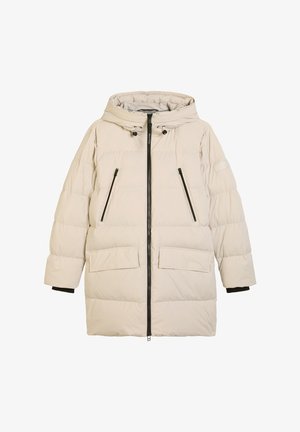 Beige Steppjacke mit Kapuze, mit gesteppten Abschnitten, zwei Reißverschlusstaschen auf der Brust und großen aufgesetzten Fronttaschen mit schwarzem Reißverschluss.