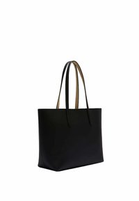 Borsa a un spallaccio in pelle nera con due manici sottili. Presenta un design minimalista e una forma strutturata. Interno foderato in un colore a contrasto.