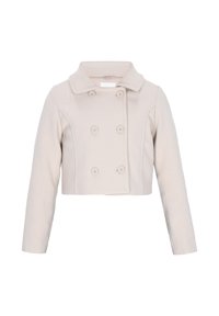 Beige-taillierter Mantel mit Reverskragen, doppelt geknöpftem Vorderteil und sechs runden Knöpfen. Hergestellt aus einem weichen, strukturierten Stoff mit langen Ärmeln.