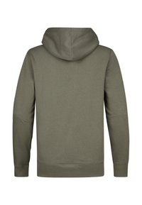 Sudadera con capucha de color verde oliva, con textura suave, bolsillo tipo canguro, puños y dobladillo acanalados, y un diseño simple y sin adornos.