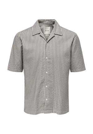 Kurzärmliges Hemd mit durchgehender Knopfleiste und vertikalem blau-weiß gestreiftem Muster sowie klassischem Kragen.