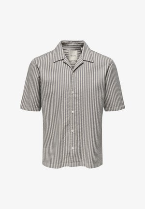 Lühikeste varrukatega nööbitav särk, millel on vertikaalne siniste ja valgete triipudega mustriline ning klassikaline krae.