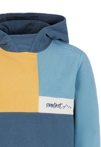 Felpa con cappuccio in blu, giallo e turchese. Presenta un cappuccio con cordino e un'accattivante accentatura bianca con grafiche montane.