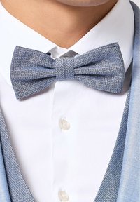 Himmelblaues Fliegen mit einem strukturierten karierten Muster, kombiniert mit einem weißen Hemd mit einem perlfarbenen Knopf und einer passenden Weste.